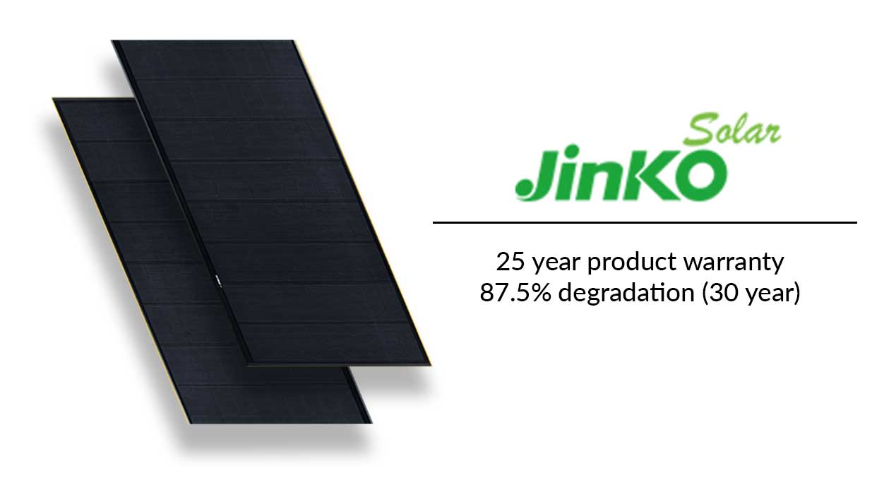 Two Jinko brand solarpanels floating at an angle with the Jinko logo to the right and the words 25 year product% degredation (30 years)